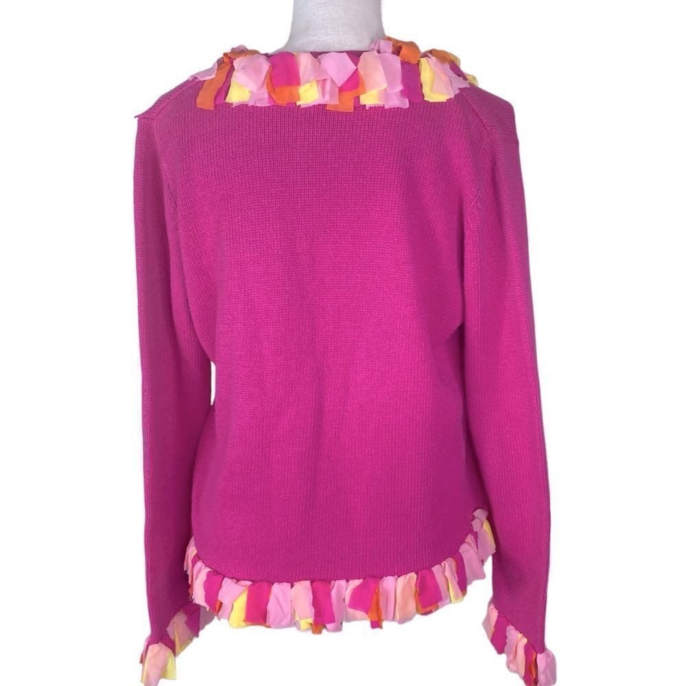 Mandal Bay Hot Pink Orange Yellow Mesh Fringe Trim Button Cardigan Sweater SM P - Picture 4 of 5